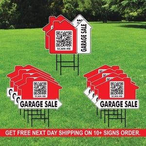 May include: A set of red and white garage sale signs with a QR code and the text "SCAN ME" and "GARAGE SALE".