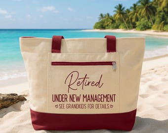 Custom Retirement Tote Bag with Zipper, Retired Under New Management Canvas Bag, Grandkids Joke Gift, Two-Tone Grandma Bag, Beach Travel Bag