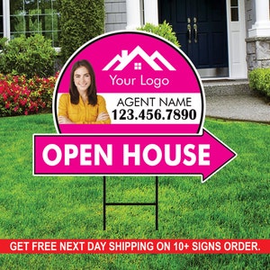 Custom Open House Arrow Yard Sign 18&quot; x 24&quot;, 2 Sided Add Your Text, Logo, Photo Personalized Open House Directional Signs with Metal H-Stake