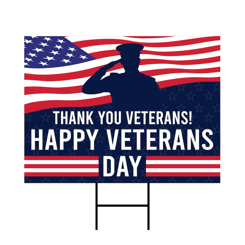 May include: A blue and red American flag with a silhouette of a person saluting. The text "Thank You Veterans! Happy Veterans Day" is written below the flag.