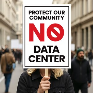 May include: A rectangular protest sign with a white background and black border. The text reads PROTECT OUR COMMUNITY in black, followed by a large red NO symbol, and the words DATA CENTER in black at the bottom of the sign.