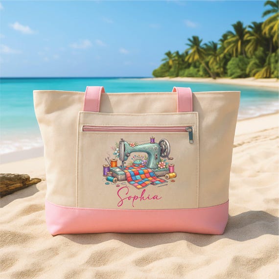 Sewing Tote Bag with Zipper, Personalized Seamstress Gift, Custom Name Sewing Lover Bag, Quilter Gift, Craft Hobby Travel Work Tote Bag