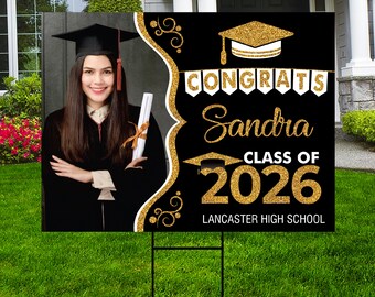 Personalized Graduation Yard Sign 2026 with Photo, 2026 Senior Grad Sign, Class of 2026, Custom Graduation 2026 Yard Sign with Metal H-Stake