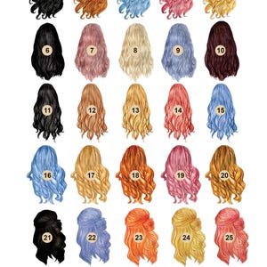 May include: A chart with 30 different women's hairstyles, numbered 1 through 30. The hairstyles are drawn in a cartoon style and are in various colors, including black, brown, blonde, red, pink, blue, and purple.