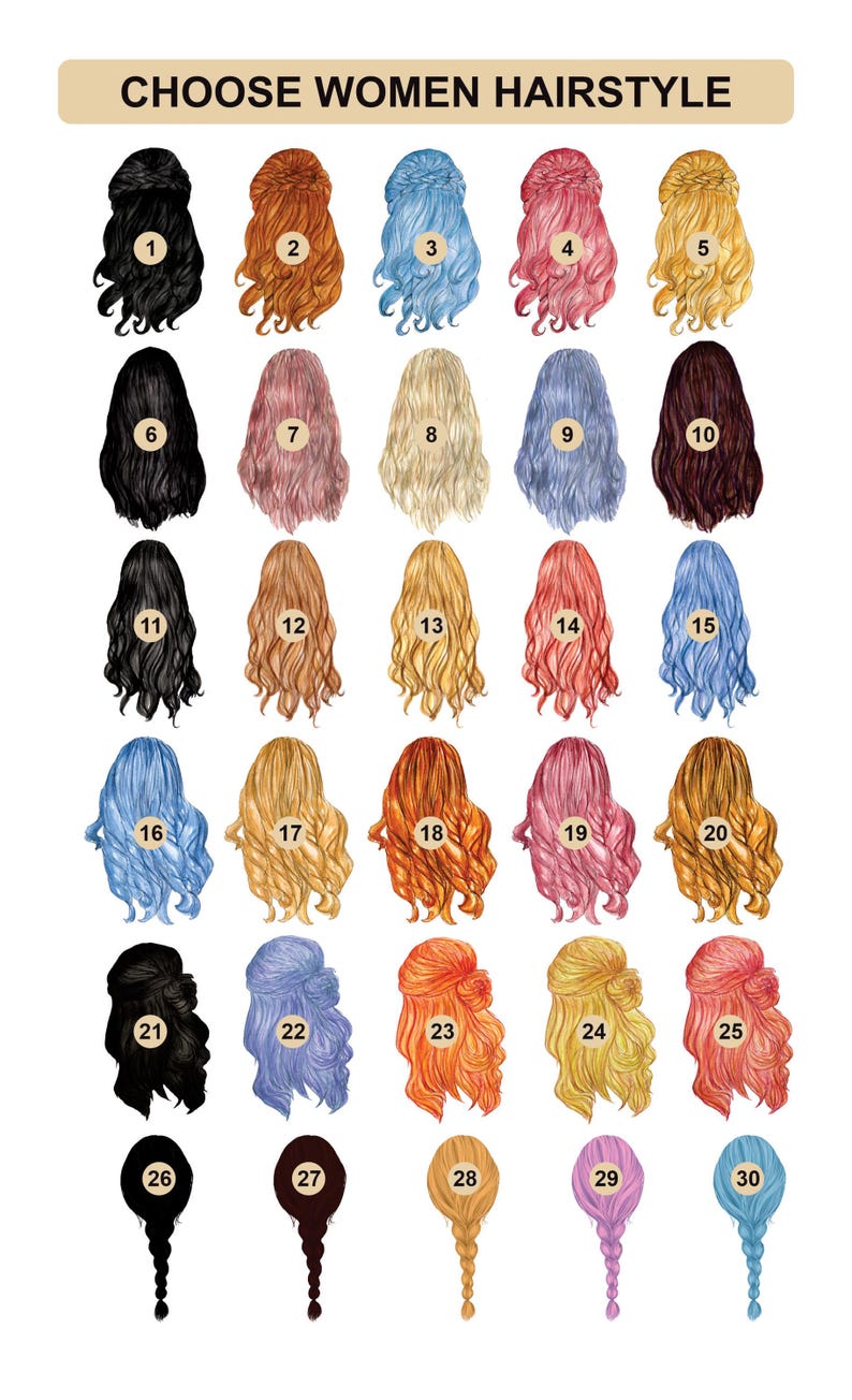 May include: A chart with 30 different women's hairstyles, numbered 1 through 30. The hairstyles are drawn in a cartoon style and are in various colors, including black, brown, blonde, red, pink, blue, and purple.