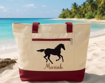 Sac fourre-tout personnalisé avec fermeture éclair, fourre-tout personnalisé pour amoureux des chevaux, sac en toile avec nom personnalisé, cadeau équestre, fourre-tout voyage plage voyage lac