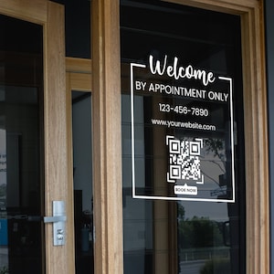 Custom QR Code Business Decal, Storefront Welcome Sign Static Window Clear Cling Vinyl Sticker, Custom Business Hours Vinyl Decal for Store
