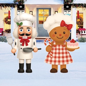 May include: Two Christmas yard decorations: a nutcracker chef with a spatula and pan, and a gingerbread chef holding a cake and candy cane. Both figures wear chef hats and aprons, standing in the snow. Festive holiday decor.