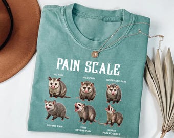May include: A teal-colored t-shirt with the words "PAIN SCALE" in white, featuring illustrations of opossums representing different levels of pain. The shirt includes the phrases "NO PAIN" to "WORST PAIN POSSIBLE".