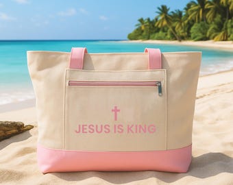 Christian Tote Bag with Zipper, Jesus Is King Faith Canvas Bag, Cross Scripture Tote, Bible Study Church Bag, Religious Gift for Women
