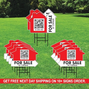 May include: A set of red and white real estate signs with a QR code and the text "FOR SALE BY OWNER" and "SCAN ME".