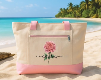 Custom Birth Month Flower Tote Bag with Zipper, Personalized Name Canvas Bag, Floral Everyday Carryall, Flower Lover Gift for Women