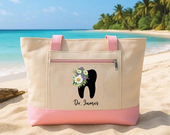 Personalized Dentist Tote Bag with Zipper, Custom Name Tooth Floral Canvas Bag, Dentist Graduation Gift for Women, Dental Hygienist Gift