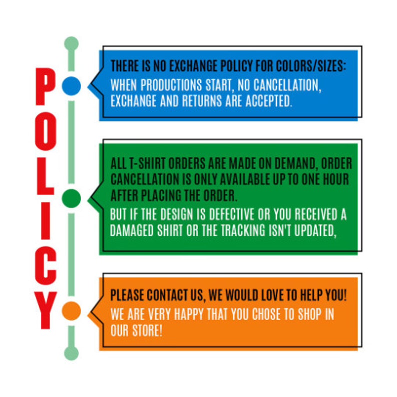 K&ouml;nnte beinhalten: Eine Grafik mit dem Wort "POLICY" in gro&szlig;en roten Buchstaben, mit einer vertikalen Linie und drei farbigen K&auml;stchen. Das obere K&auml;stchen ist blau und sagt "THERE IS NO EXCHANGE POLICY FOR COLORS/SIZES: WHEN PRODUCTIONS START, NO CANCELLATION, EXCHANGE AND RETURNS ARE ACCEPTED.". Das mittlere K&auml;stchen ist gr&uuml;n und sagt "ALL T-SHIRT ORDERS ARE MADE ON DEMAND, ORDER CANCELLATION IS ONLY AVAILABLE UP TO ONE HOUR AFTER PLACING THE ORDER. BUT IF THE DESIGN IS DEFECTIVE OR YOU RECEIVED A DAMAGED SHIRT OR THE TRACKING ISN'T UPDATED,". Das untere K&auml;stchen ist orange und sagt "PLEASE CONTACT US, WE WOULD LOVE TO HELP YOU! WE ARE VERY HAPPY THAT YOU CHOSE TO SHOP IN OUR STORE!"