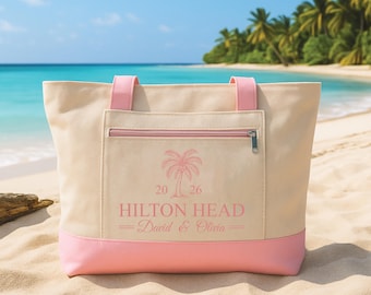 Sac fourre-tout personnalisé pour mariage à destination, avec fermeture éclair, sac fourre-tout en toile personnalisé avec noms et date, sac de voyage pour la plage en lune de miel, cadeau pour enterrement de vie de jeune fille