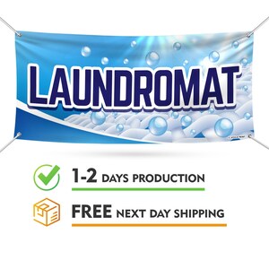Laundromat Banner Sign - 13 oz Heavy Duty Waterproof Laundromat Vinyl Banner for Business with Metal Grommets