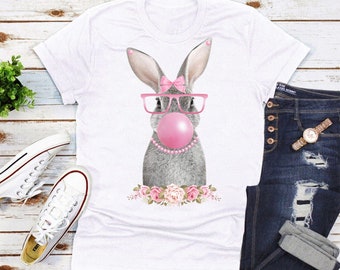 Easter Bunny T-Shirt, Bunny With Glasses Women V Neck Shirt, Bunny Bubble Gum Shirt For Kids, Unisex Easter Day Bubble Gum Bunny Shirt