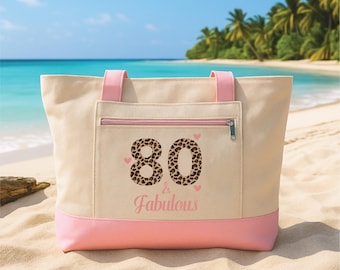 80th Birthday Tote Bag with Zipper, 80 and Fabulous Gift, Funny 80th Birthday Gift for Women, Personalized Birthday Party Tote Bag
