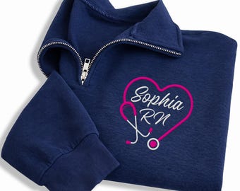 Medical Heart Stethoscope Embroidered Quarter Zip Sweatshirt, Custom Nurse Pullover, RN CNA LPN Gift, Healthcare Worker Apparel