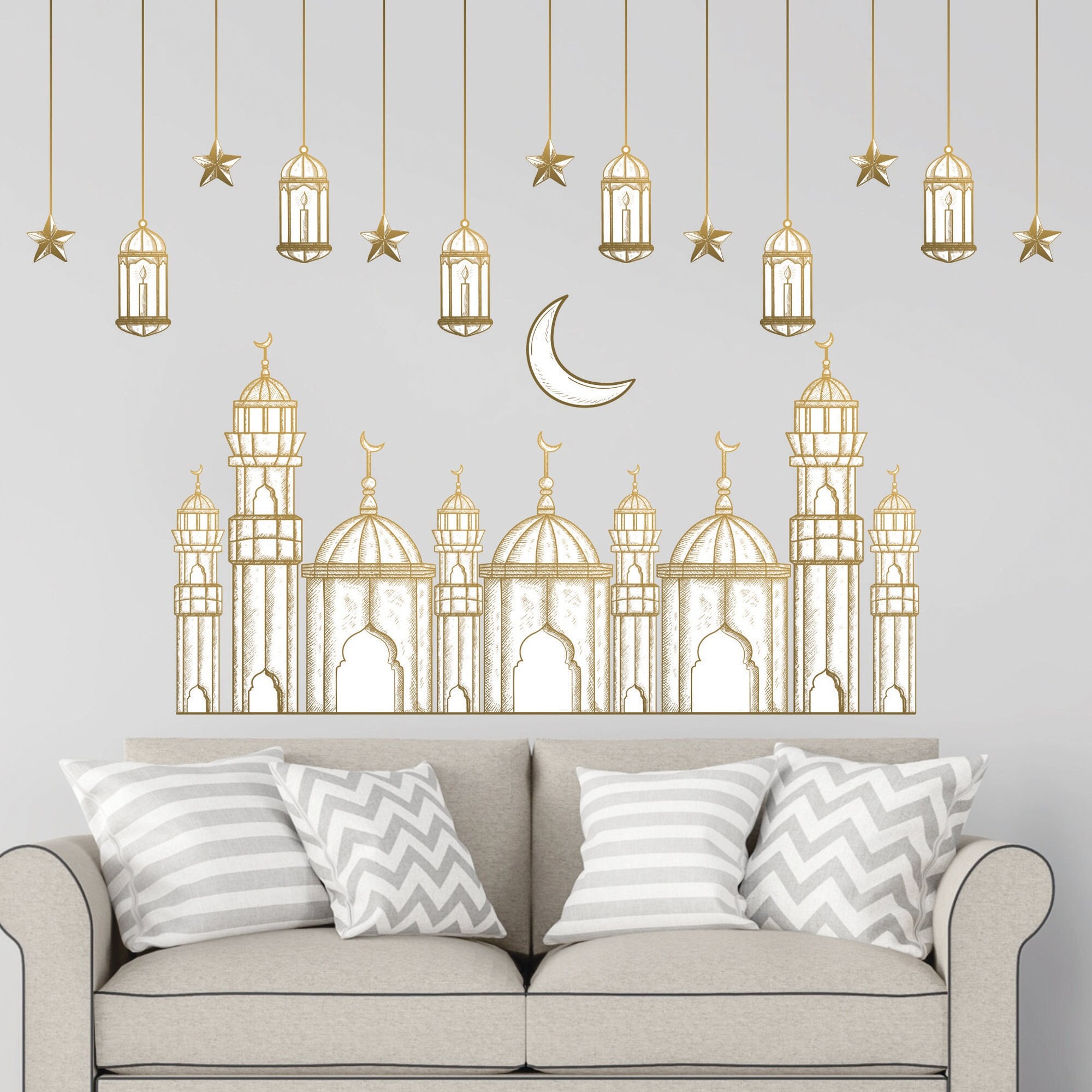 Ramadan-raamstickers, muurstickers, wanddecoratie, Eid Mubarak, muurkunst, Eid islamitische decoratie, ramadan raamdecoratie, maan, sterren, raamstickers voor thuis, woonkamer, slaapkamer