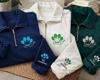 Vet Tech Paw Stethoscope Embroidered Quarter Zip Sweatshirt, Personalized Veterinarian Monogram Pullover, Animal Rescue Gift