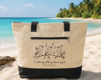 Christian Tote Bag with Zipper, I Will Sing of the Goodness of God Psalm 89:1 Tote, Scripture Birds Canvas Bag, Faith Worship, Church Tote