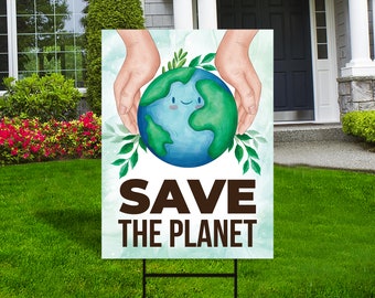 Happy Earth Day Yard Sign Decoration, Coroplast Save The Planet, Love Heart Earth Day Yard Sign Outdoor Lawn Decorations with Metal H-Stake