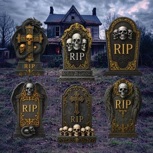 RIP Tombstone Halloween Yard Signs with Fiberglass Stakes, Outdoor Grave Marker Decorations for Spooky Cemetery Lawn or Haunted House Décor