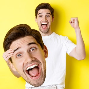 Éventails personnalisés grand grand visage avec manche en bois, Têtes de mariage, EVJF de marié, Tête de remise des diplômes, Éventails de tête d'anniversaire, Tête sur bâton