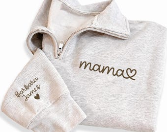 Mama Embroidered Quarter Zip Sweatshirt, Personalized Mama Pullover with Kids Names Sleeve, Custom Mom Gift, Mother's Day Apparel
