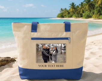 Personalized Photo Tote Bag with Zipper, Custom Picture Canvas Tote, Family Photo Bag, Photo Gift for Mom Dad, Beach Travel Tote