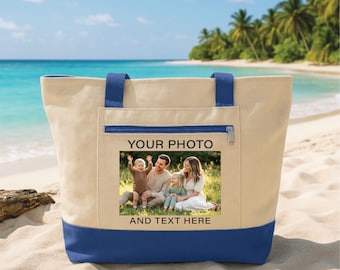Custom Photo Tote Bag with Zipper, Personalized Family Photo & Text Canvas Bag, Full Color Vacation Essentials Tote, Travel Gift for Her