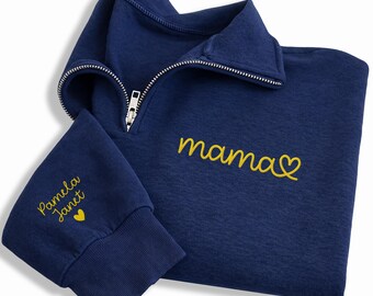 Mama Embroidered Quarter Zip Sweatshirt, Personalized Mama Pullover with Kids Names Sleeve, Custom Mom Gift, Mother's Day Apparel