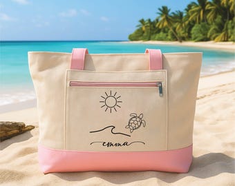 Personalized Beach Turtle Tote Bag with Zipper, Custom Name Ocean Lover Gift, Minimalist Travel Bag, Summer Vacation, Coastal Gift for Her