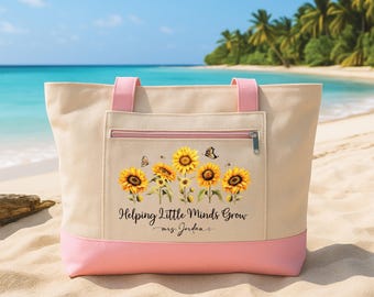 Teacher Sunflower Tote Bag with Zipper, Personalized Name Teacher Gift, Helping Little Minds Grow Bag, Back to School Work Travel Tote
