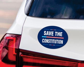 Könnte beinhalten: Ein blauer ovaler Autoaufkleber mit weißen Sternen und roten Streifen. Der Aufkleber lautet "Save the Constitution".
