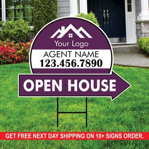 Custom Open House Arrow Yard Sign 18&quot; x 24&quot;, 2 Sided Add Your Text, Logo, Photo Personalized Open House Directional Signs with Metal H-Stake