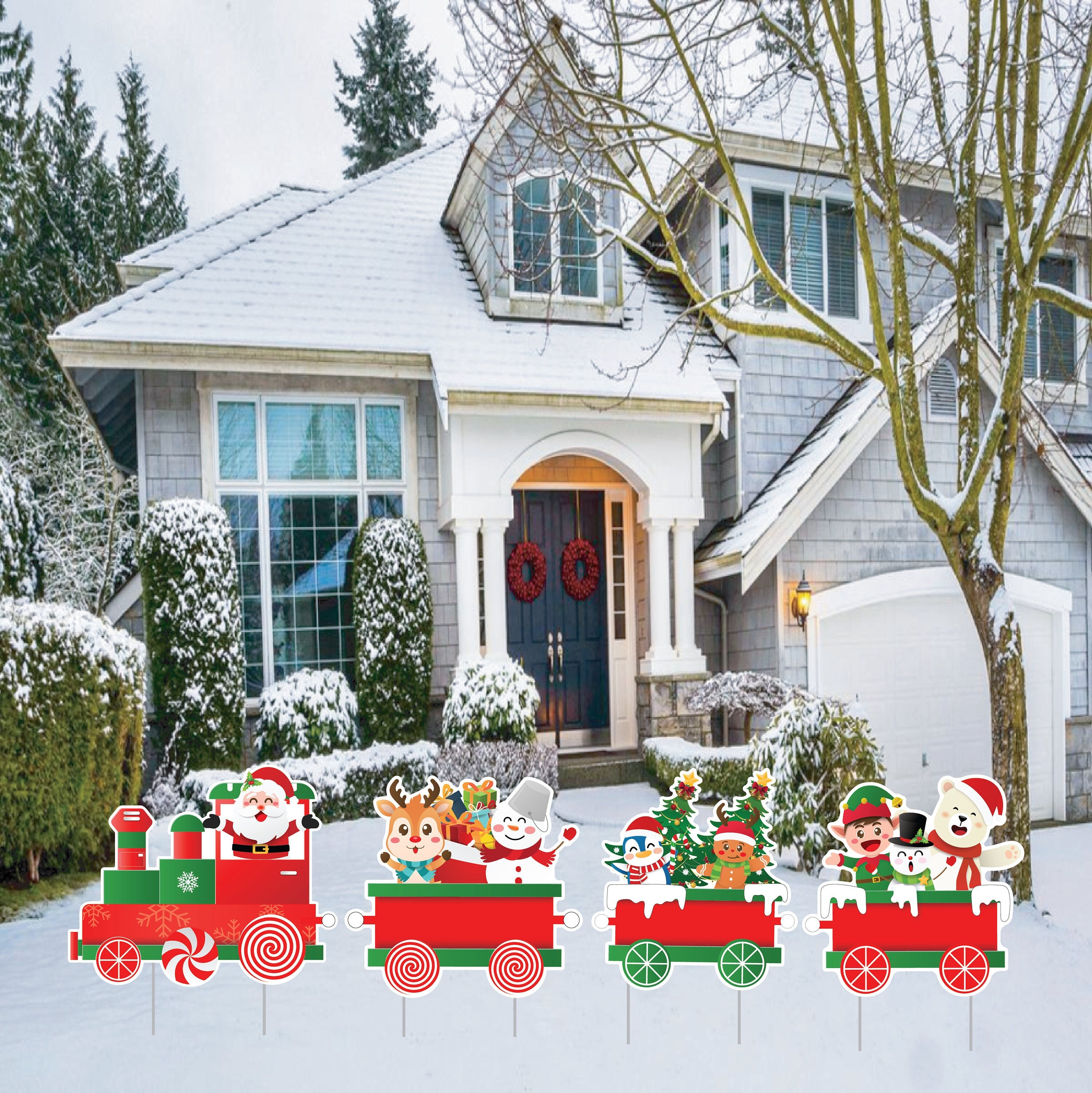 Christmas Train Yard Sign Cutouts, Xmas Tree Santa Gingerbread Snowman