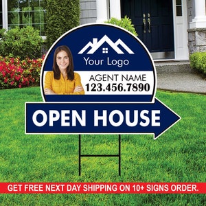 Custom Open House Arrow Yard Sign 18&quot; x 24&quot;, 2 Sided Add Your Text, Logo, Photo Personalized Open House Directional Signs with Metal H-Stake