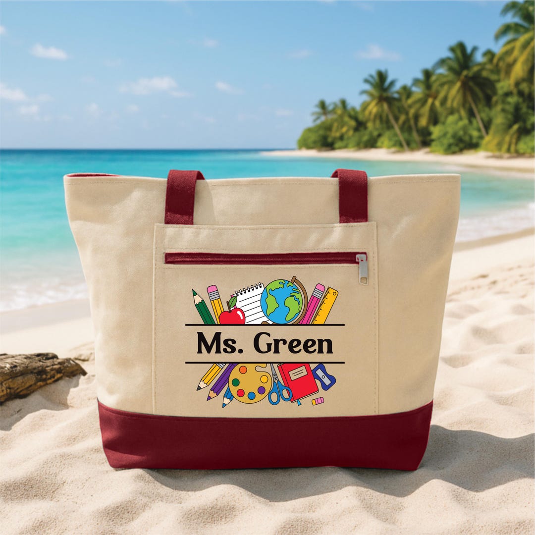 Personalized Teacher Tote Bag With Zipper, Custom Teacher Name School ...