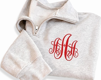 Monogram Embroidered Quarter Zip Sweatshirt, Personalized Monogrammed Pullover, Custom Initials Gift for Her, Stylish Zip Up