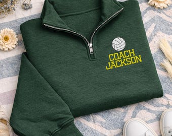 Volleyball Coach Embroidered Quarter Zip Sweatshirt, Personalized Team Coach Pullover, Custom Volleyball Gift for Coaches Apparel