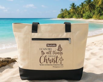 Personalized Christian Tote Bag with Zipper, Custom Name Canvas Bag, Philippians 4:13 Faith Design, Church Essentials Tote, Gift for Her