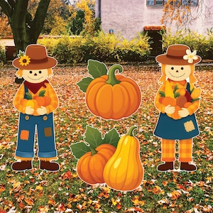 Scarecrow Couple Fall Yard Sign Set, Thanksgiving Pumpkin Lawn Decorations, Autumn Outdoor Decor with Gourds and Harvest Props for Garden