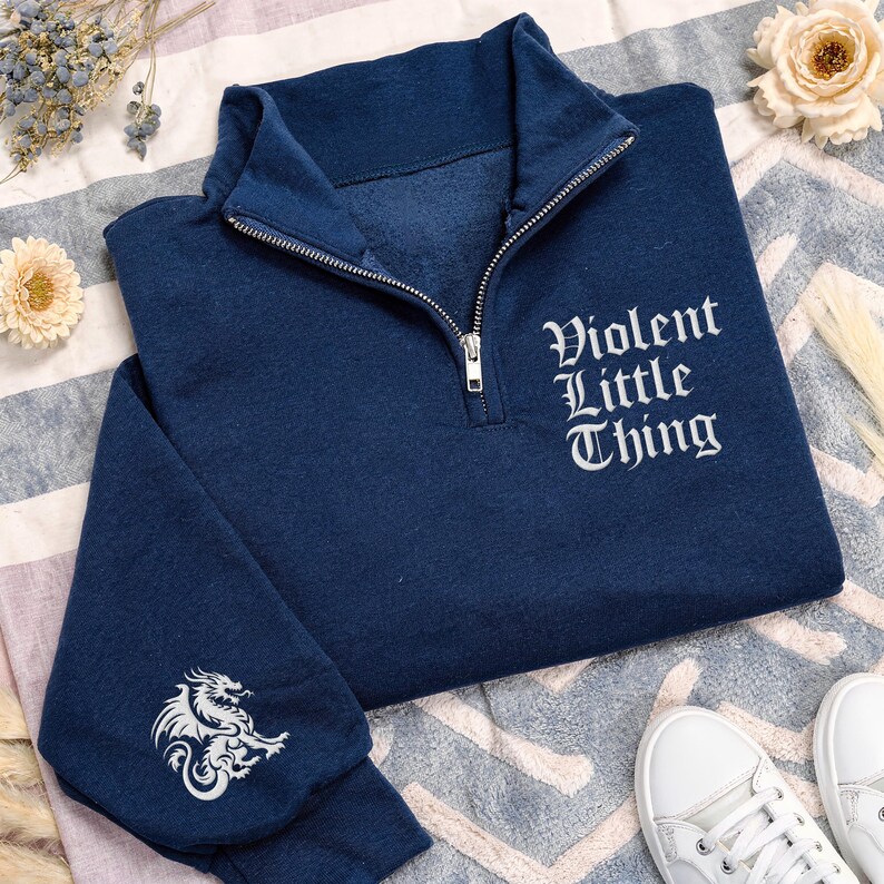 Fourth Wing Dragon Embroidered Quarter Zip Sweatshirt, Book Lover Pullover, Fantasy Reader Gift, Dragon Sleeve Cozy Zip Sweater image 5