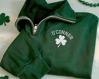 Personalized St Patrick’s Day Embroidered Quarter Zip Sweatshirt, Irish Shamrock Pullover, Custom Last Name Four-Leaf Clover Lucky Zip Shirt