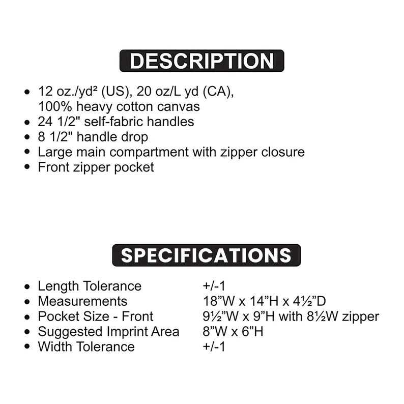 The image is a product description and specifications for a 12 oz (yd) (US) canvas, featuring 100% heavy cotton canvas, 24 1/2" self-fabric handles, 8 1/2" handle drop, and a large main compartment with zipper closure.