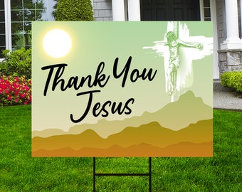 Thank You Jesus Yard Sign - Coroplast Jesus Loves You Outdoor Lawn Decorations Christian Cross Thank You Jesus Yard Sign with Metal H-Stake