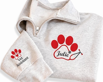 Vet Tech Paw Stethoscope Embroidered Quarter Zip Sweatshirt, Personalized Veterinarian Monogram Pullover, Animal Rescue Gift
