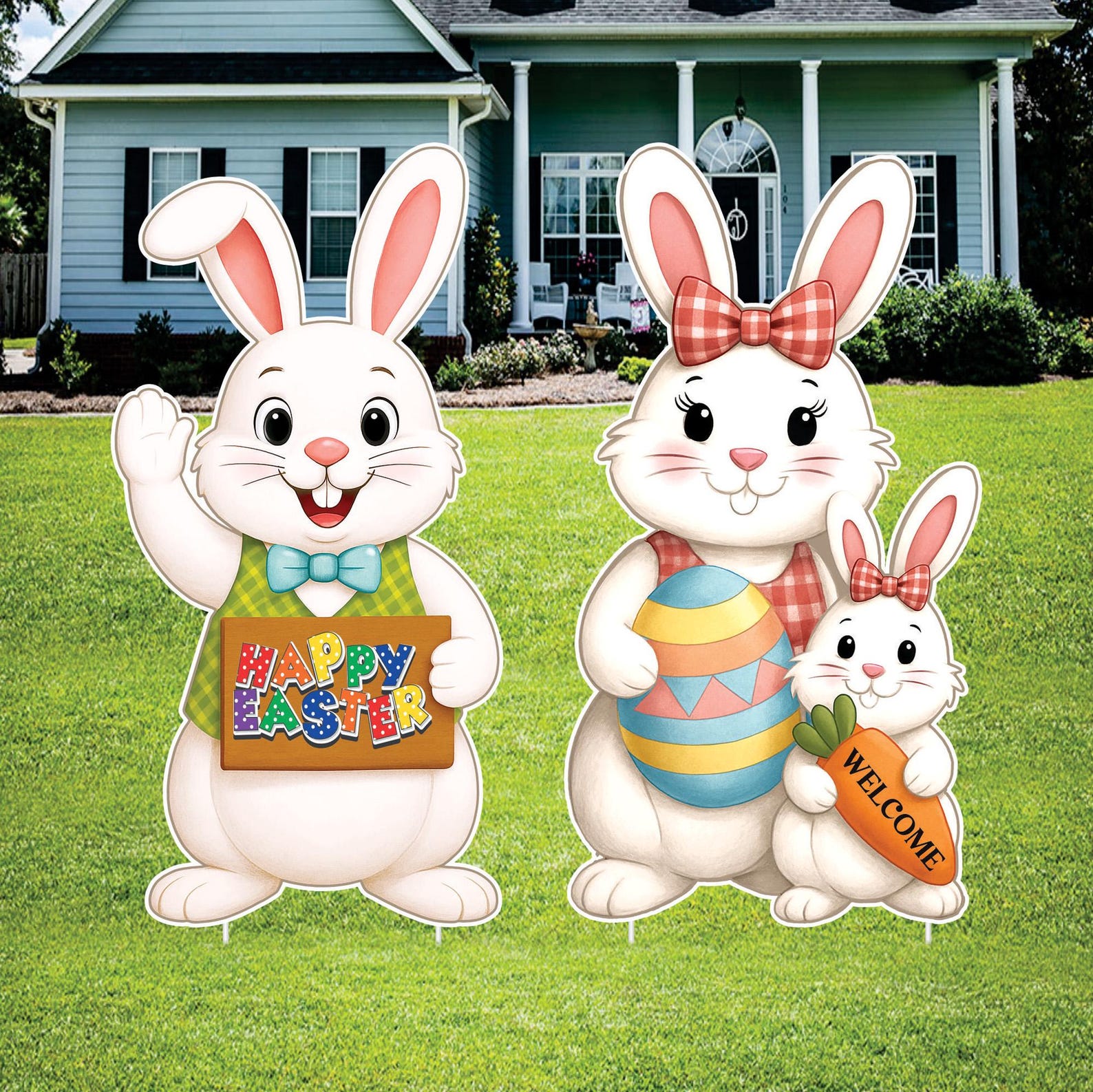 Happy Easter Bunny Yard Sign Set, Easter Rabbit Family Lawn Decor